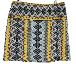 Ann Taylor LOFT Straight Mini Skirt Multicolor Tribal Print Side Zip 14